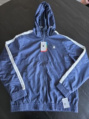 Spyder Kids Navy Hooded Jacket with White Stripe Accents